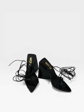 EGO Black Patent Pointed Toe Lace Up Wedge Heels